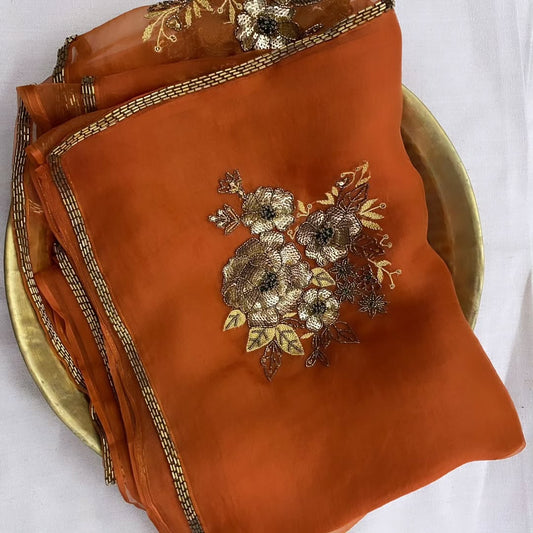 Pure Diamond Chiffon Catdana Hand Work Saree.