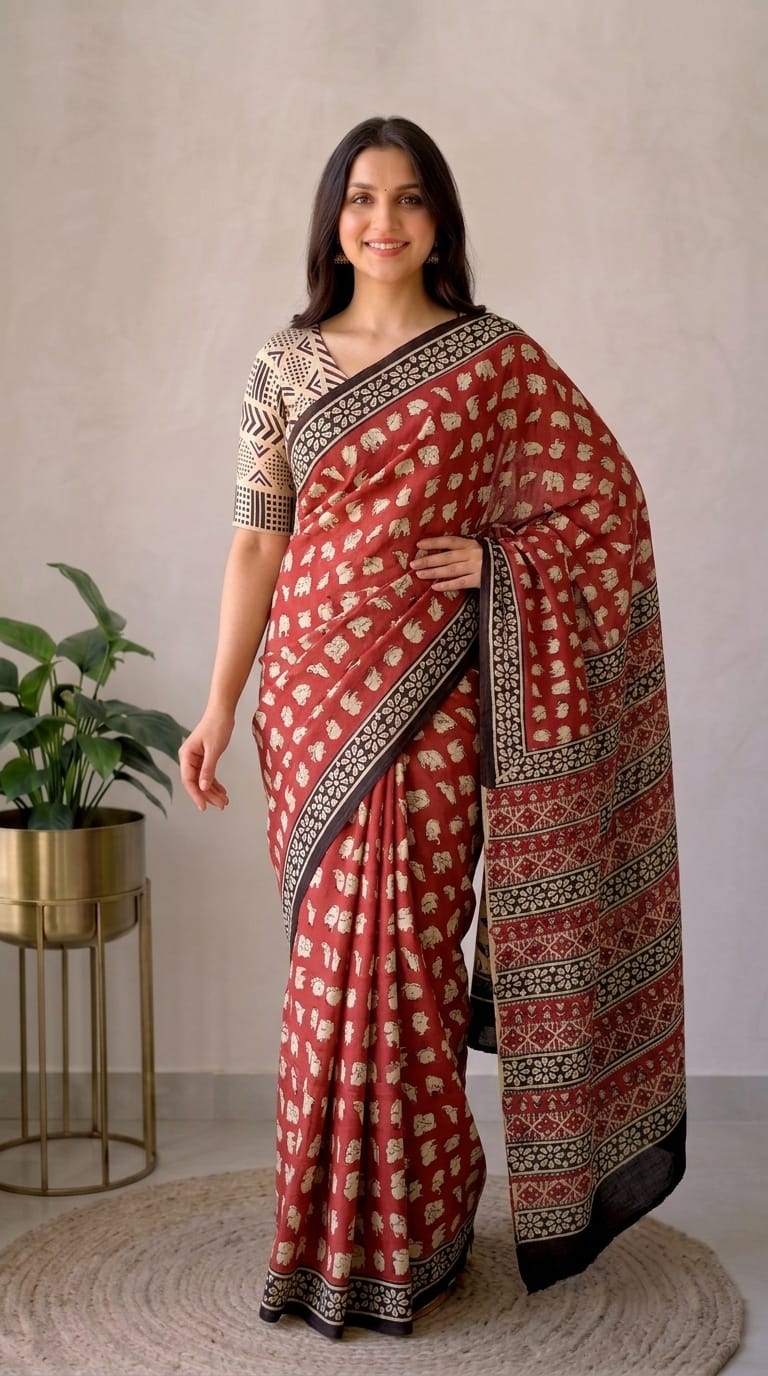 Pure Cotton Hand Block Printed Saree With Blouse.