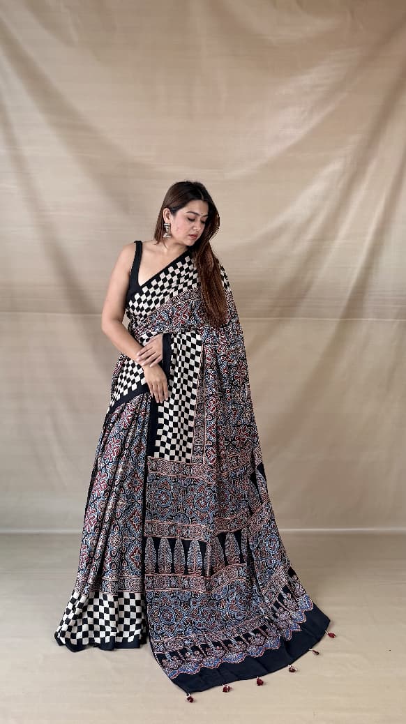 Pure Modal Silk Ajrakh Hand-block Printed Saree.