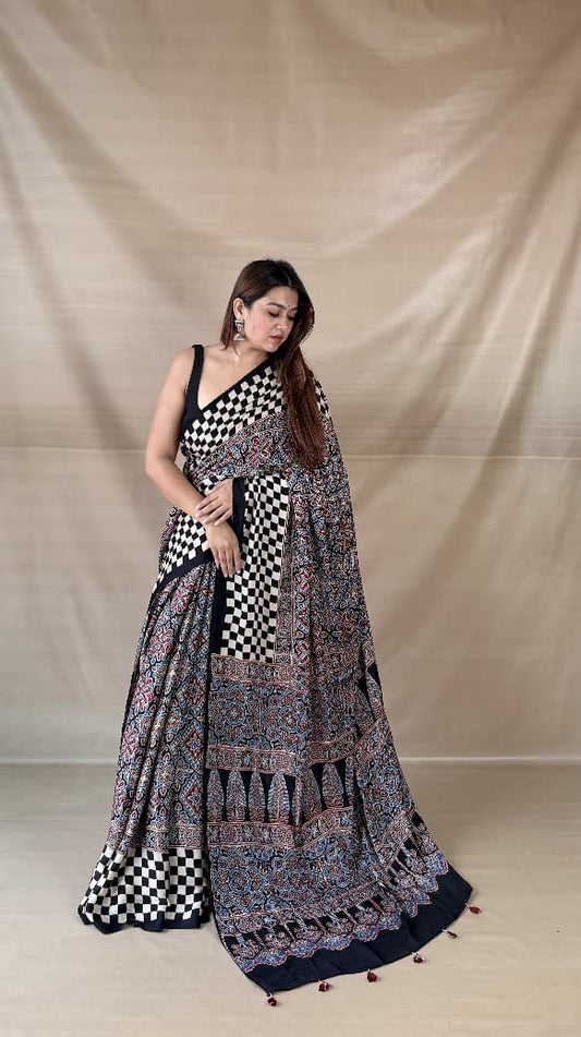 Pure Modal Silk Ajrakh Hand-block Printed Saree.