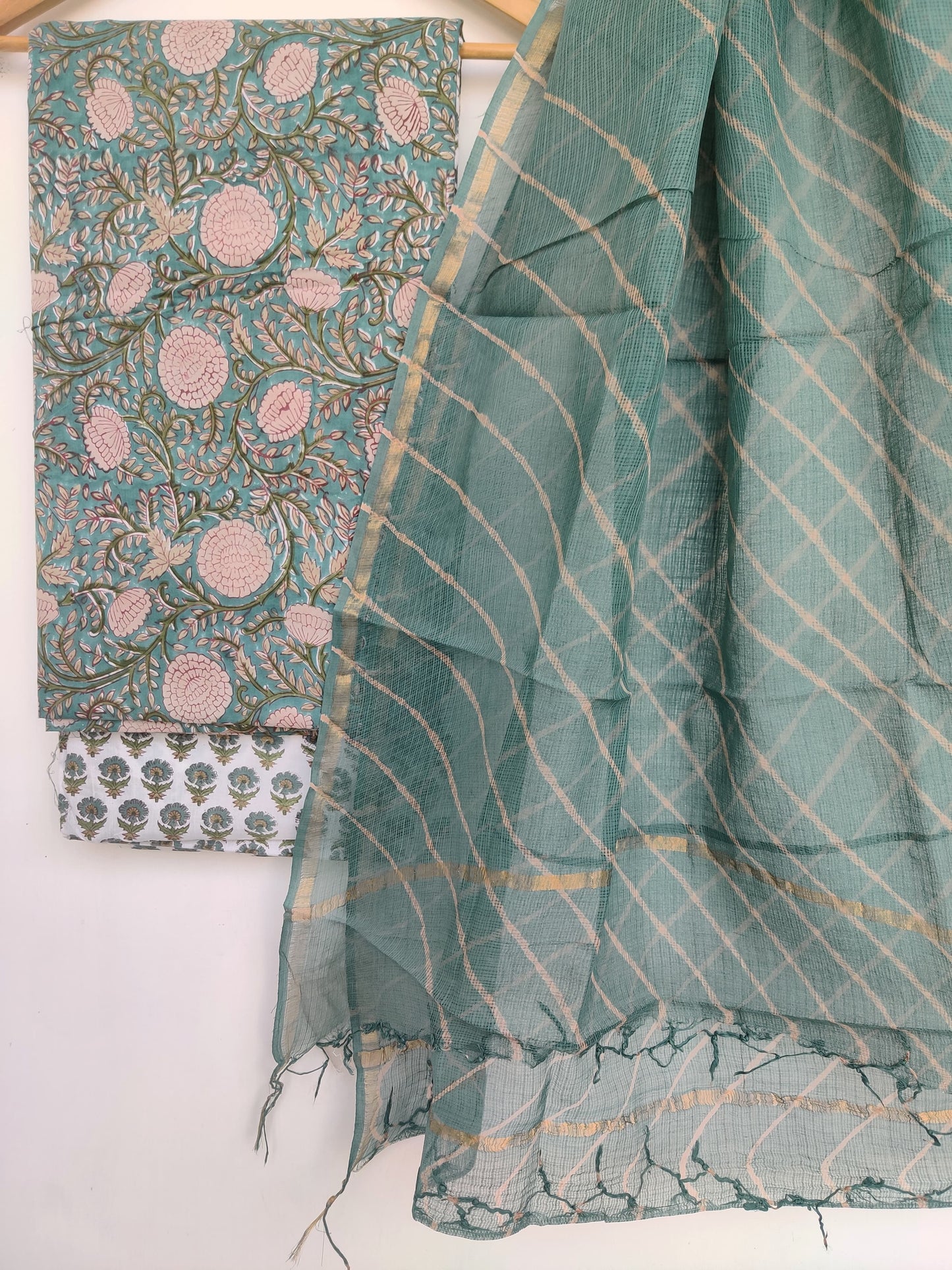 Pure Cotton Hand Block Printed Unstitched Suits with Kota doriya Dupatta.