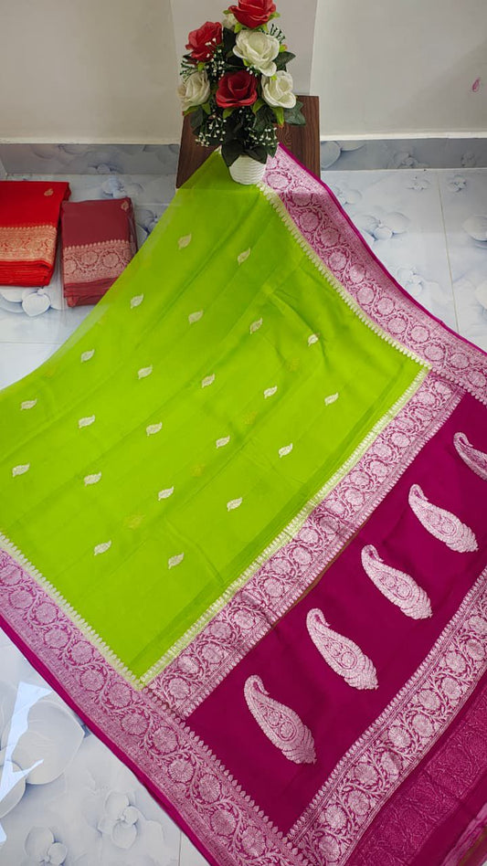 Pure Handloom Khaddi Chiffon Georgette Saree With Silver Zari Weaving Blouse  ( length- 6.3 meter )