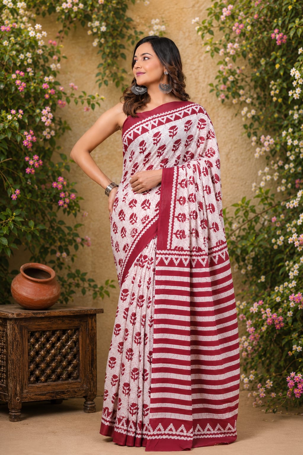 Pure Cotton Hand Block Printed Saree With Blouse.