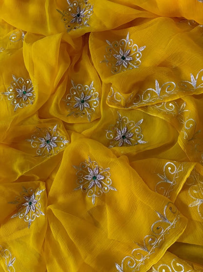 PURE DIAMOND CHIFFON  HANDCRAFTED ZARI AND GOTA WORA SAREE .