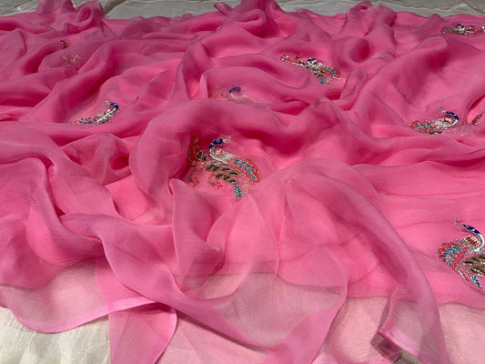 PINK COLOUR PURE CHIFFON SAREE EMBELLISHED WITH BEADS & ZARDOZI WORK