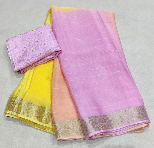 Pure Chinon Chiffon Multicolor Sikvans Work Saree