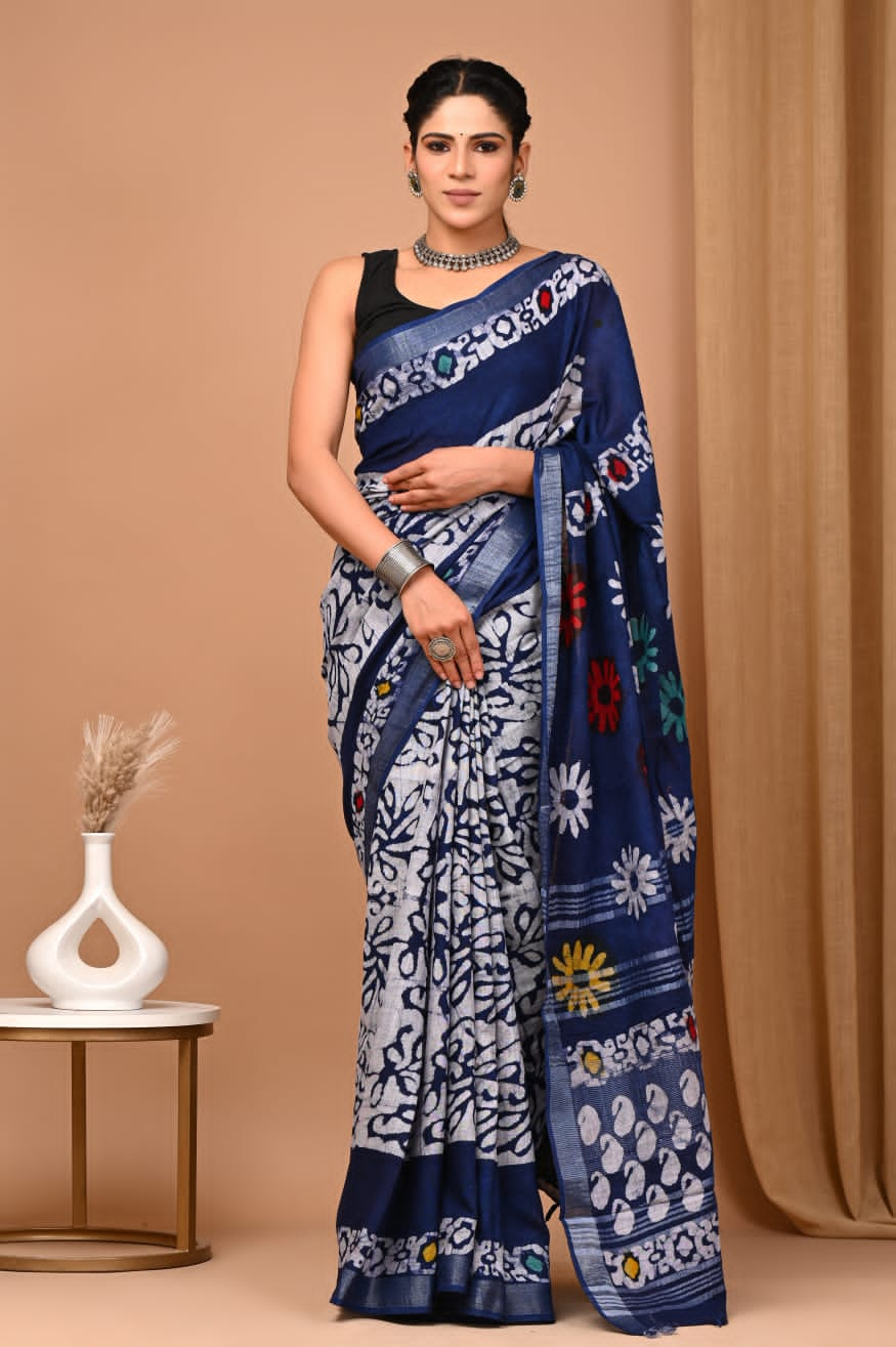 Pure Cotton Linen Hand Block Printed Saree with Blouse