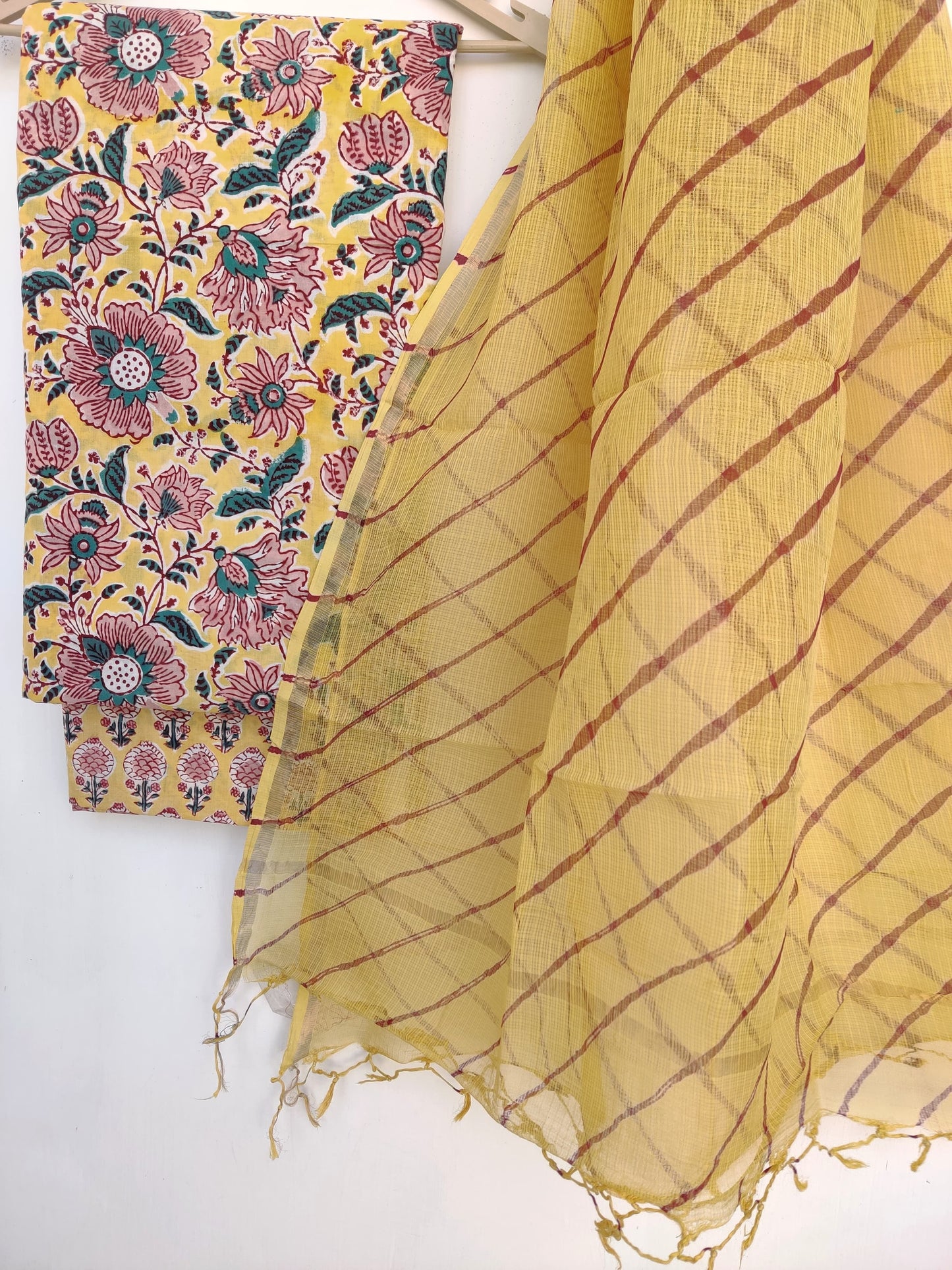 Pure Cotton Hand Block Printed Unstitched Suits with Kota doriya Dupatta.