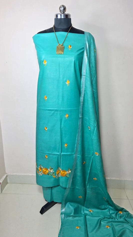 BHAGALPURI COTTON LINEN EMBROIDERY UNSTITCHED SUIT.