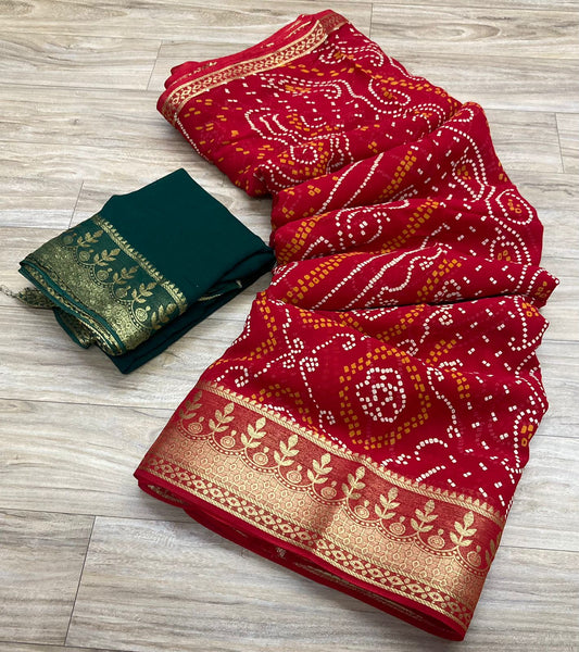 Pure Georgette Bandhej Print With Beautiful Zari Border Saree