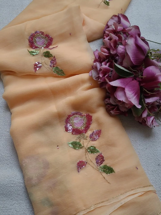 Pure Diamond Chiffon Hand Work Saree.