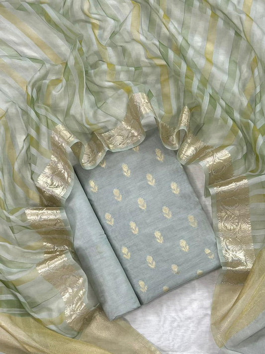 Banarasi Chanderi Zari Booti Work Unstitched Suit With Organza Stripe Dupatta.