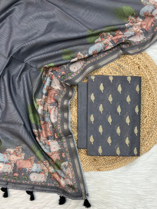 Banarasi Chanderi Zari Work Unstitched Suit With Beautiful Pichwai Dupatta.