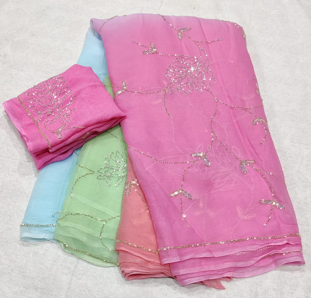 Beautiful Rose Pure Chiffon full kardana Jaal Work Saree