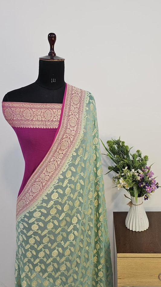 Pure Handloom Khaddi Georgette Saree Zari Work.