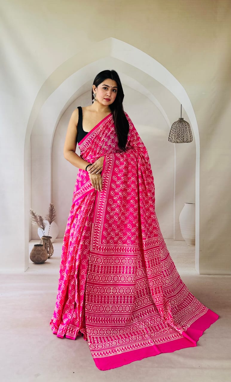 Pure Mulmul Cotton Hand Block Printed Saree With Running Blouse.