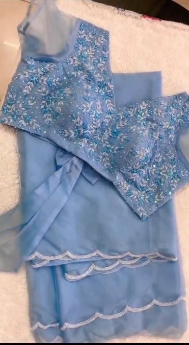 Sky Blue Color Designer Pure Organza Hand Work Saree