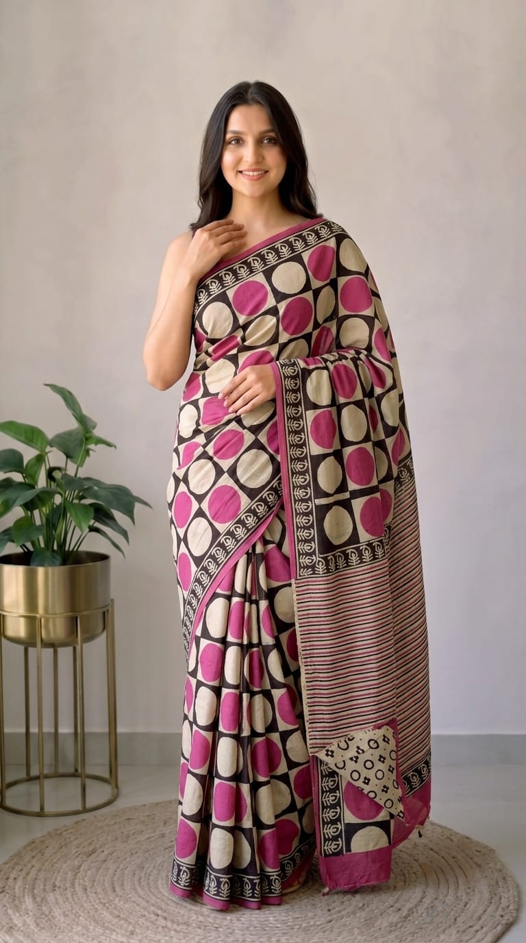 Pure Cotton Hand Block Printed Saree With Blouse.