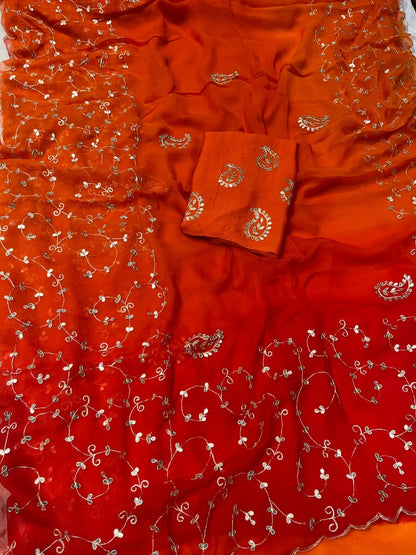 Pure Diamond Chiffon Hand Work Saree.