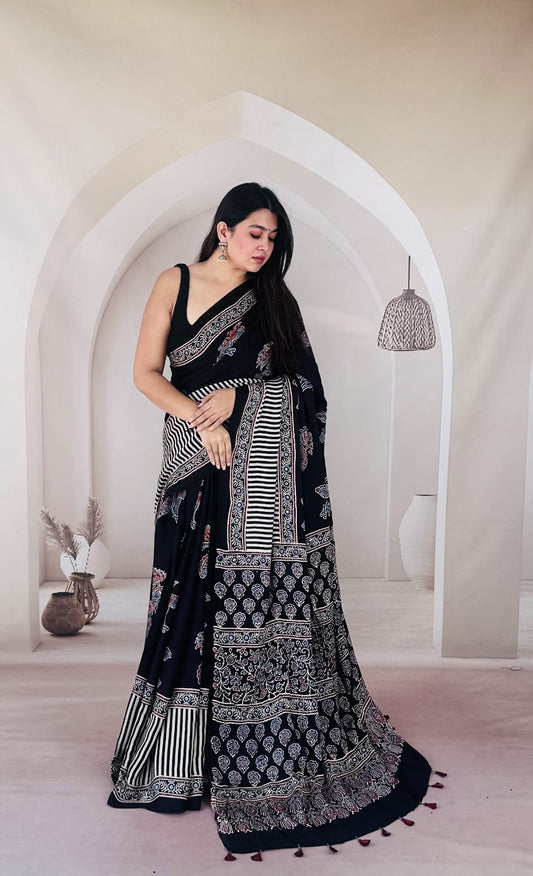 Pure Modal Silk Ajrakh Hand-block Printed Saree.