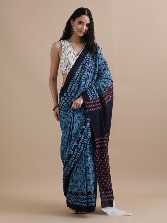 Pure Mulmul Cotton Hand Block Printed Saree With Running Blouse.