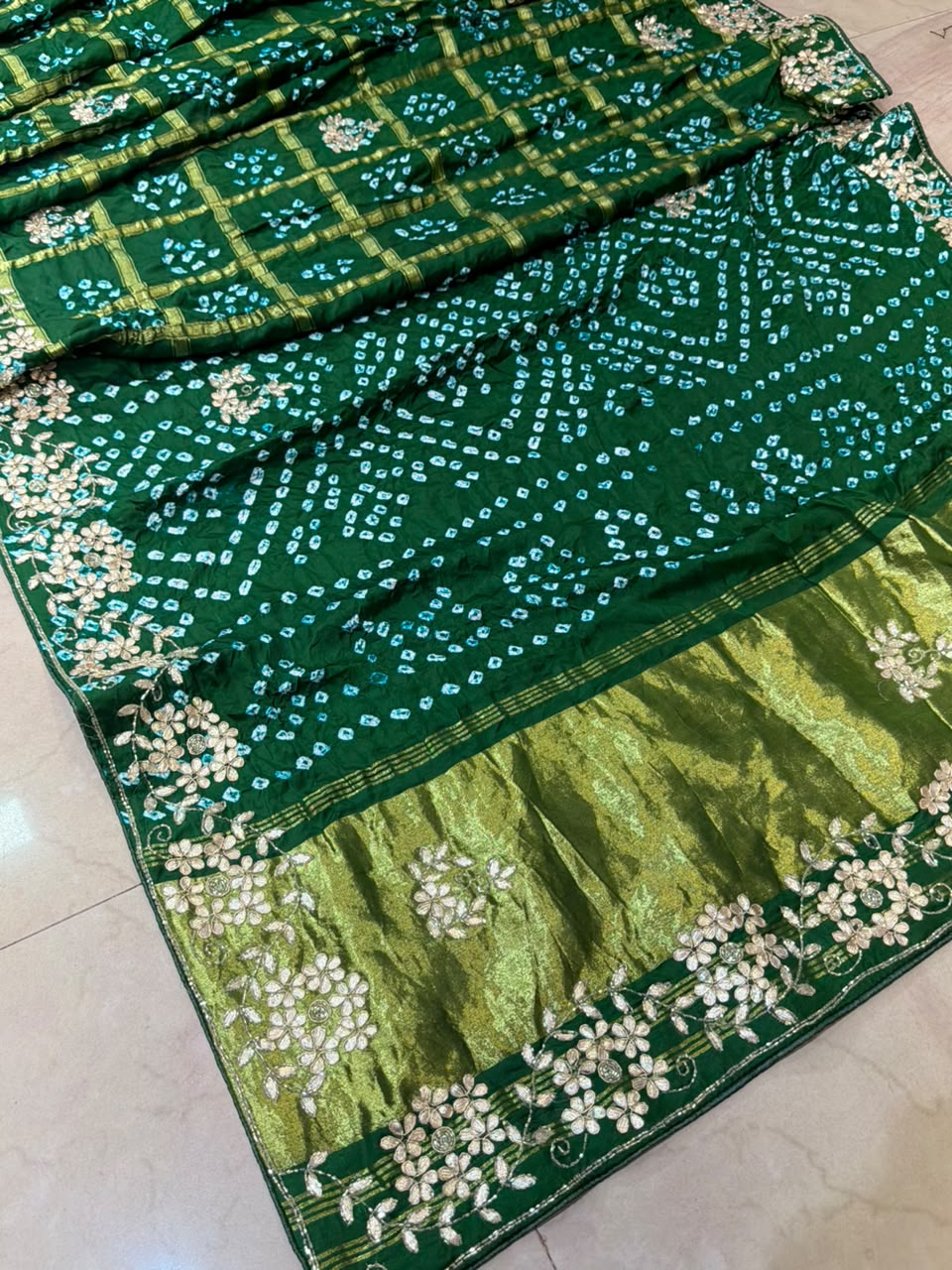 Pure Modal Gajji Silk Bandhej Hand work Gota Patti Work Saree.