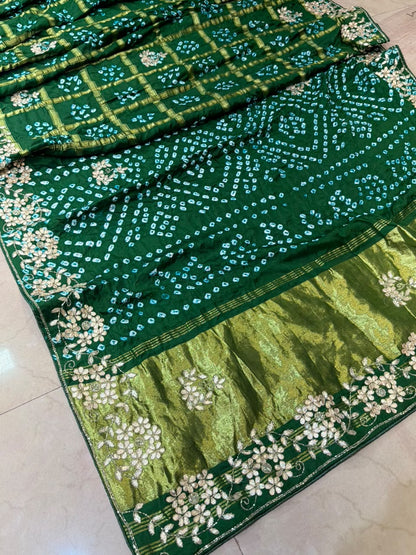 Pure Modal Gajji Silk Bandhej Hand work Gota Patti Work Saree.