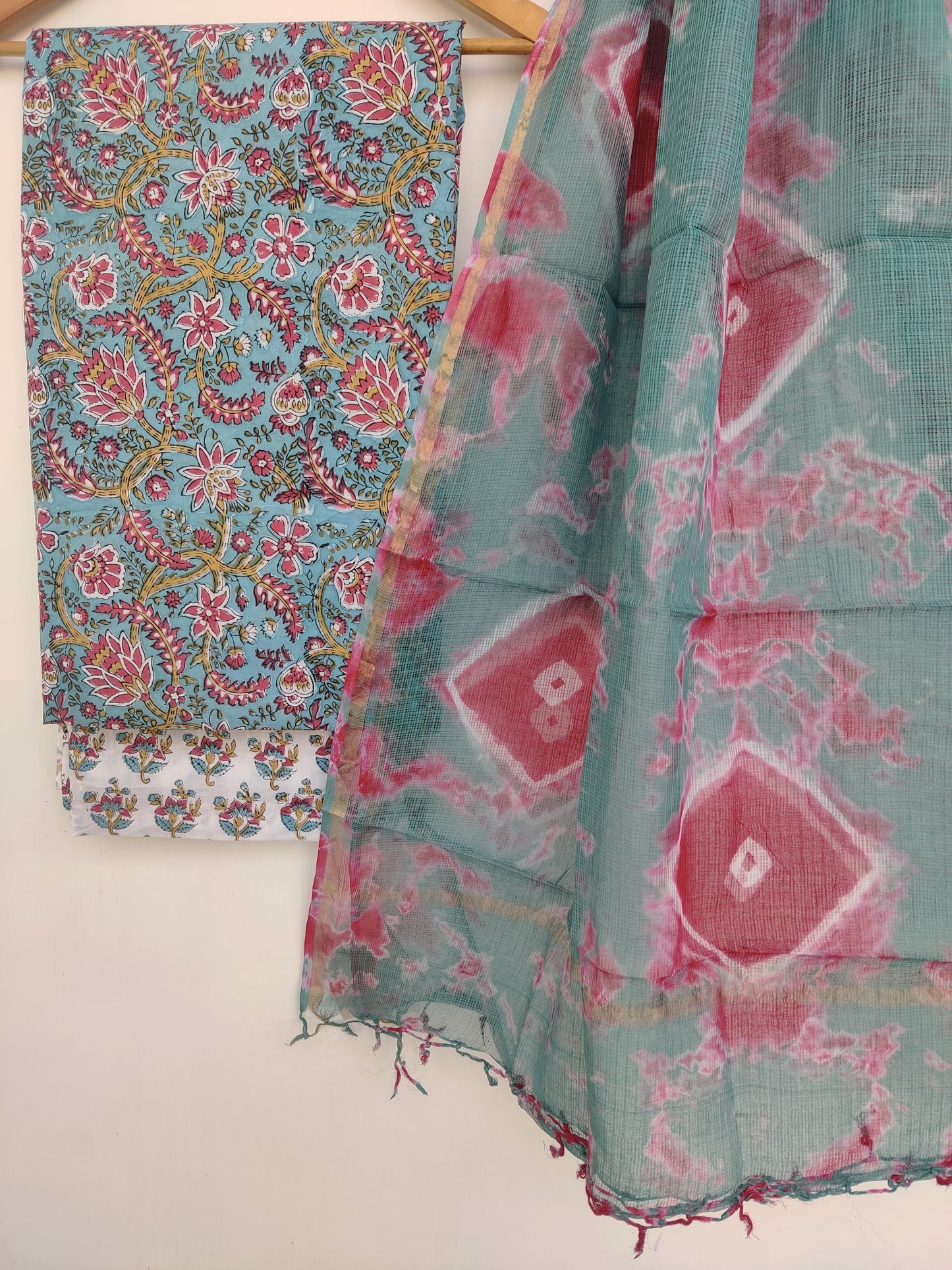 Pure Cotton Hand Block Printed Unstitched Suits with Kota doriya Dupatta.