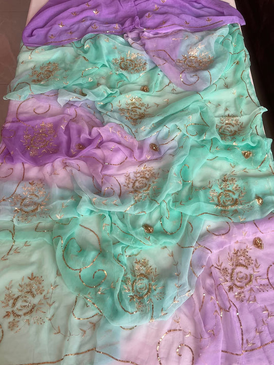 PURE DAIMOND CHIFFON BEAUTIFUL SEQUENCE AND ZARI EMBROIDERY WORK SAREE.