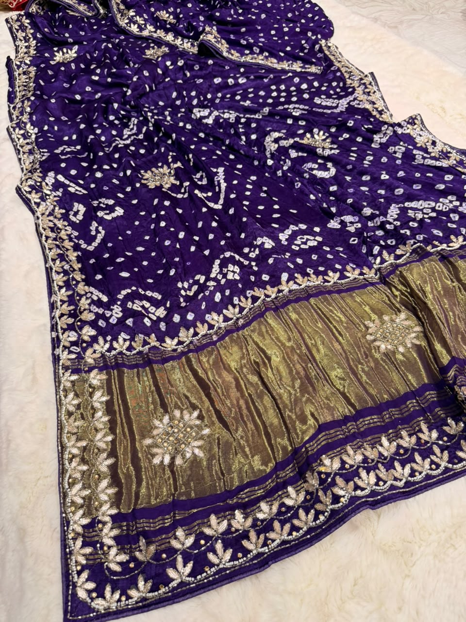 Pure Modal Gajji Silk Bandhej Hand work Gota Patti Work Saree