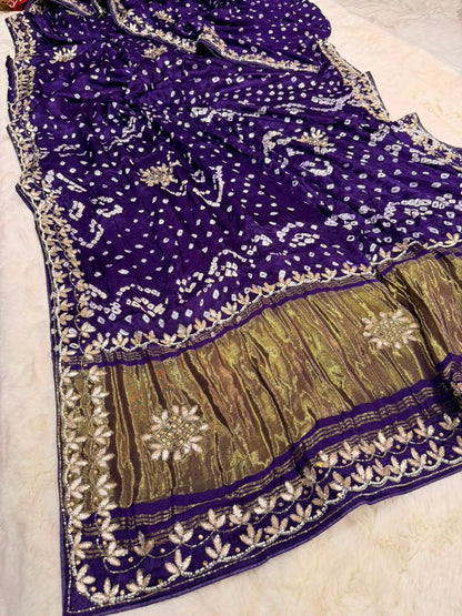 Pure Modal Gajji Silk Bandhej Hand work Gota Patti Work Saree