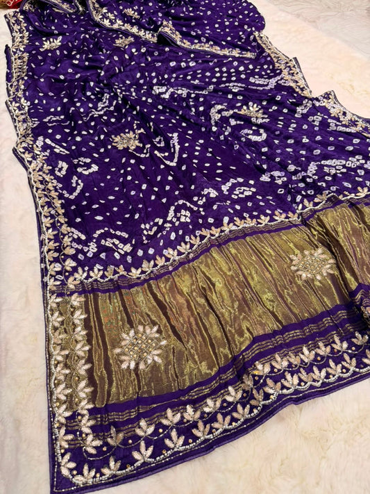 Pure Modal Gajji Silk Bandhej Hand work Gota Patti Work Saree