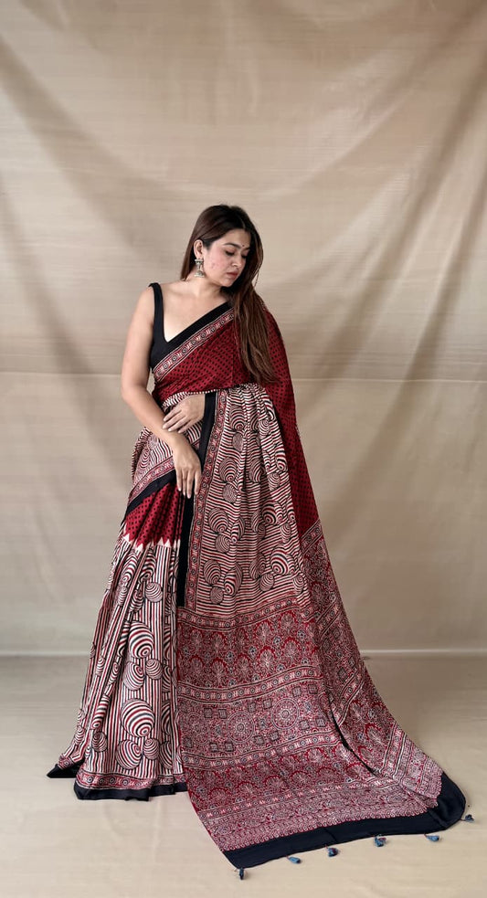 Pure Modal Silk Ajrakh Hand-block Printed Saree.
