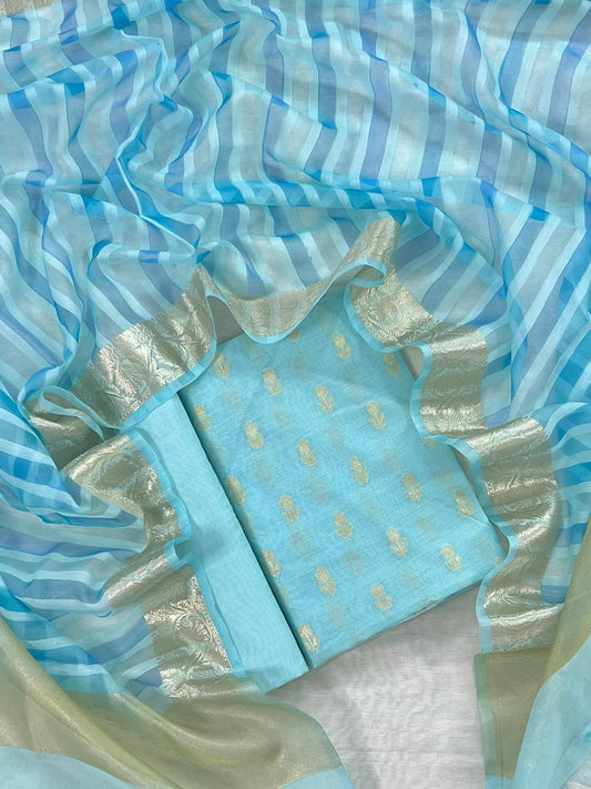 Banarasi Chanderi Zari Booti Work Unstitched Suit With Organza Stripe Dupatta