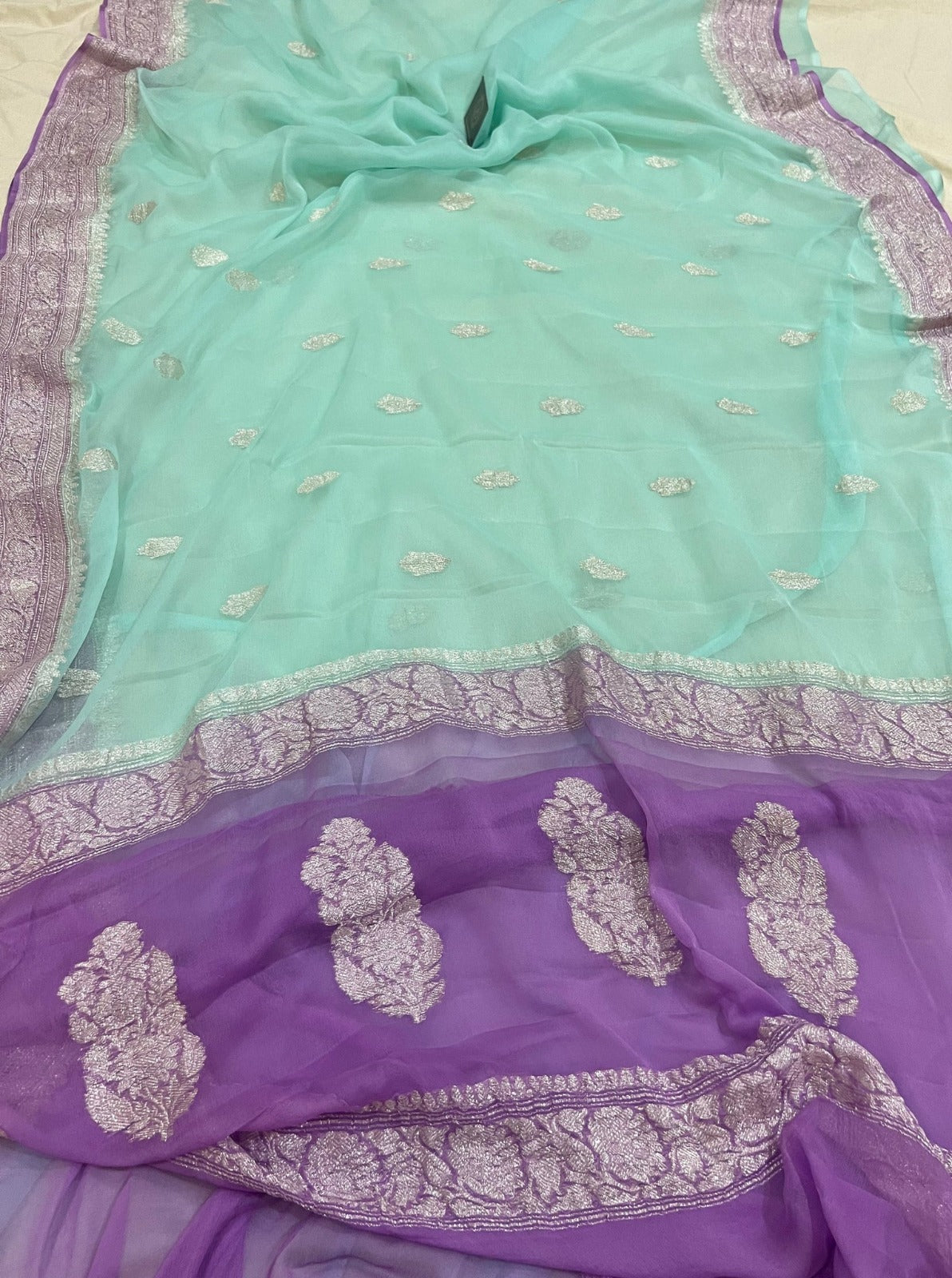 Pure Handloom Khaddi Chiffon Georgette Saree With Silver Zari Weaving Blouse