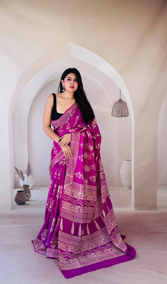 Pure Mulmul Cotton Hand Block Printed Saree With Running Blouse.