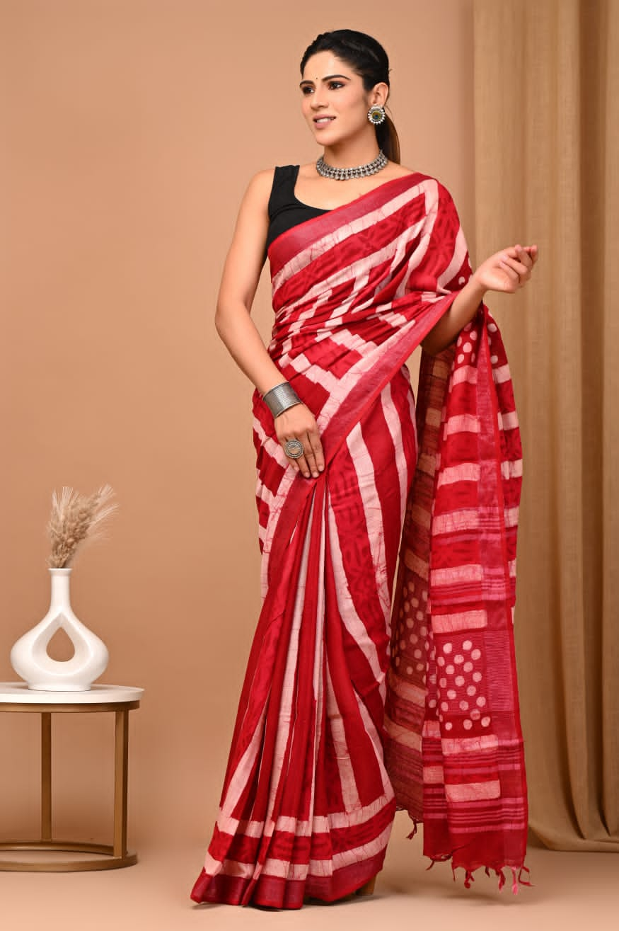 Pure Cotton Linen Hand Block Printed Saree with Blouse.