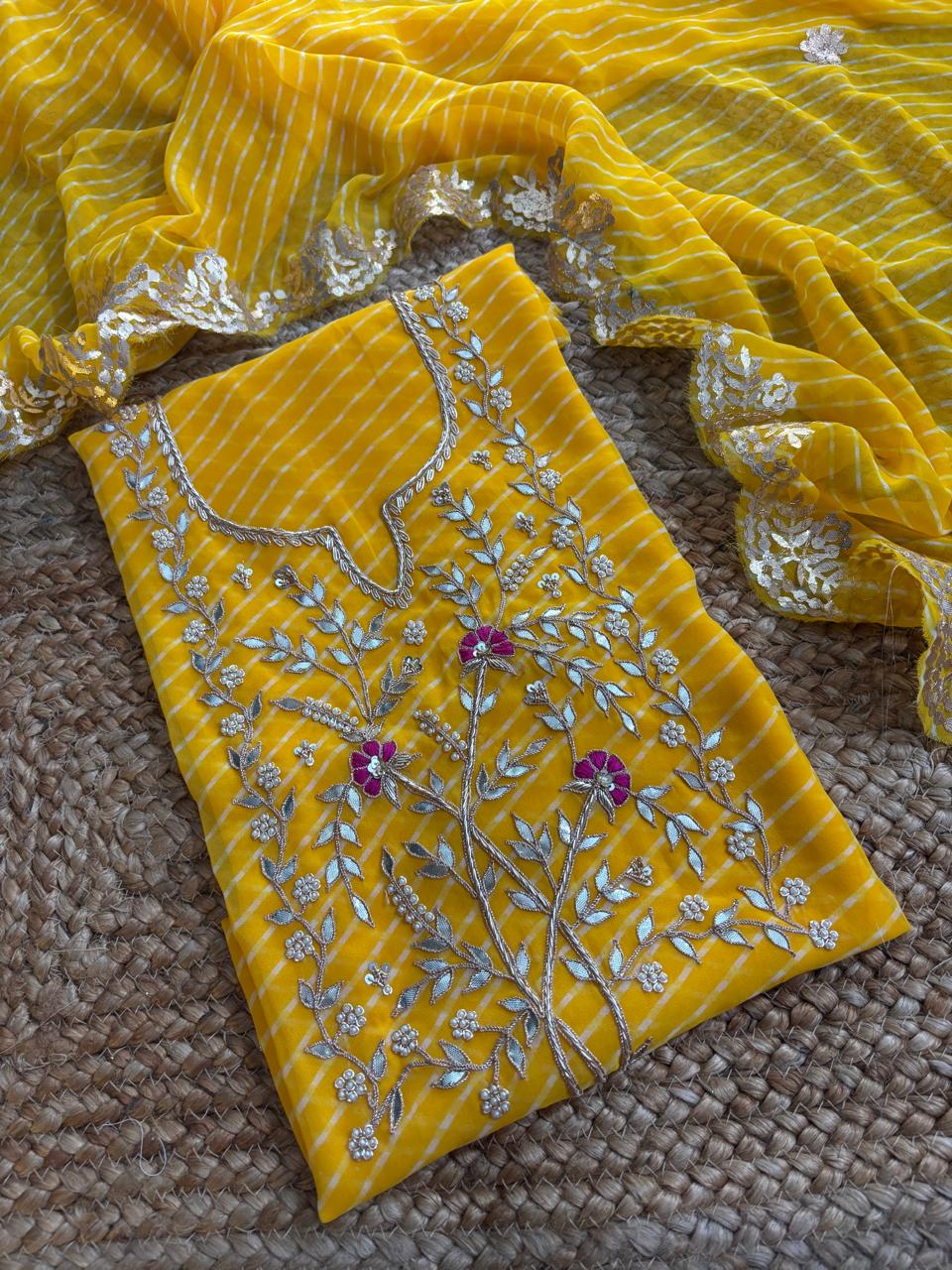 Georgette Gota pati Hand Work Unstitched Suit With Dupata.
