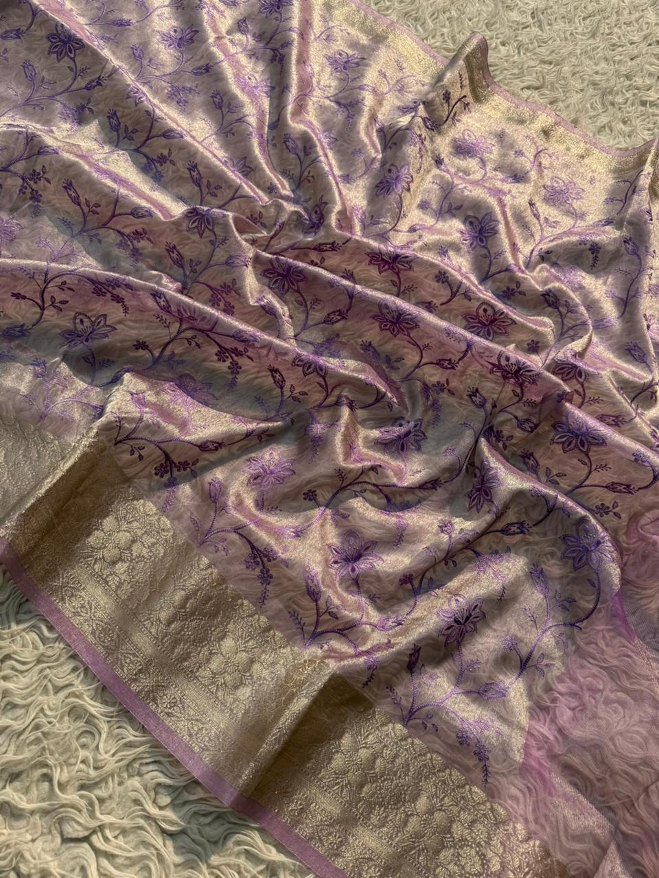 Banarasi Tissue Embroidery Work Soft Silk Saree.