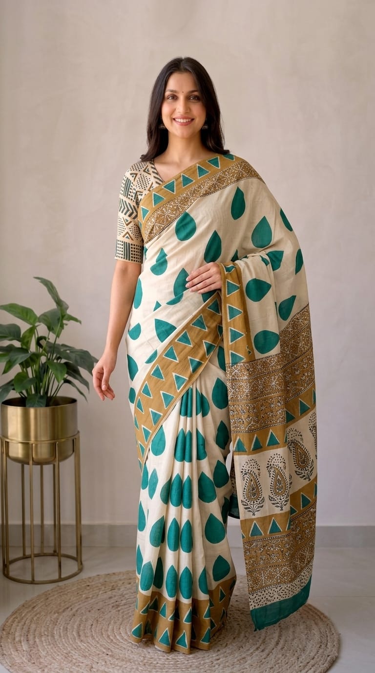 Pure Cotton Hand Block Printed Saree With Blouse.