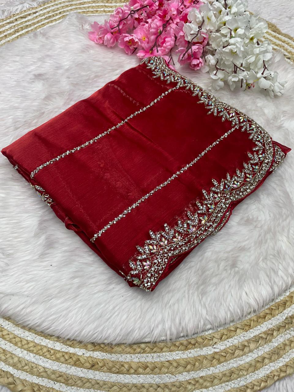 BEAUTIFUL ZARDOSI EMBROIDERY WORK SOFT JIMMY CHOO ORGANZA SAREE