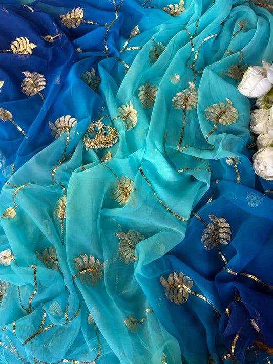 Shaded blue Zari Pittan Leaf Jaal Saree