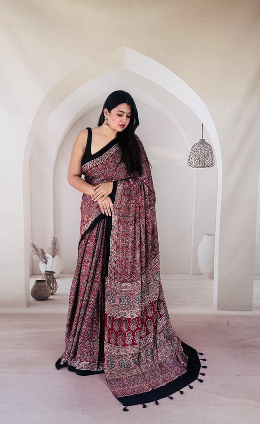 Pure Modal Silk Ajrakh Hand-block Printed Saree.