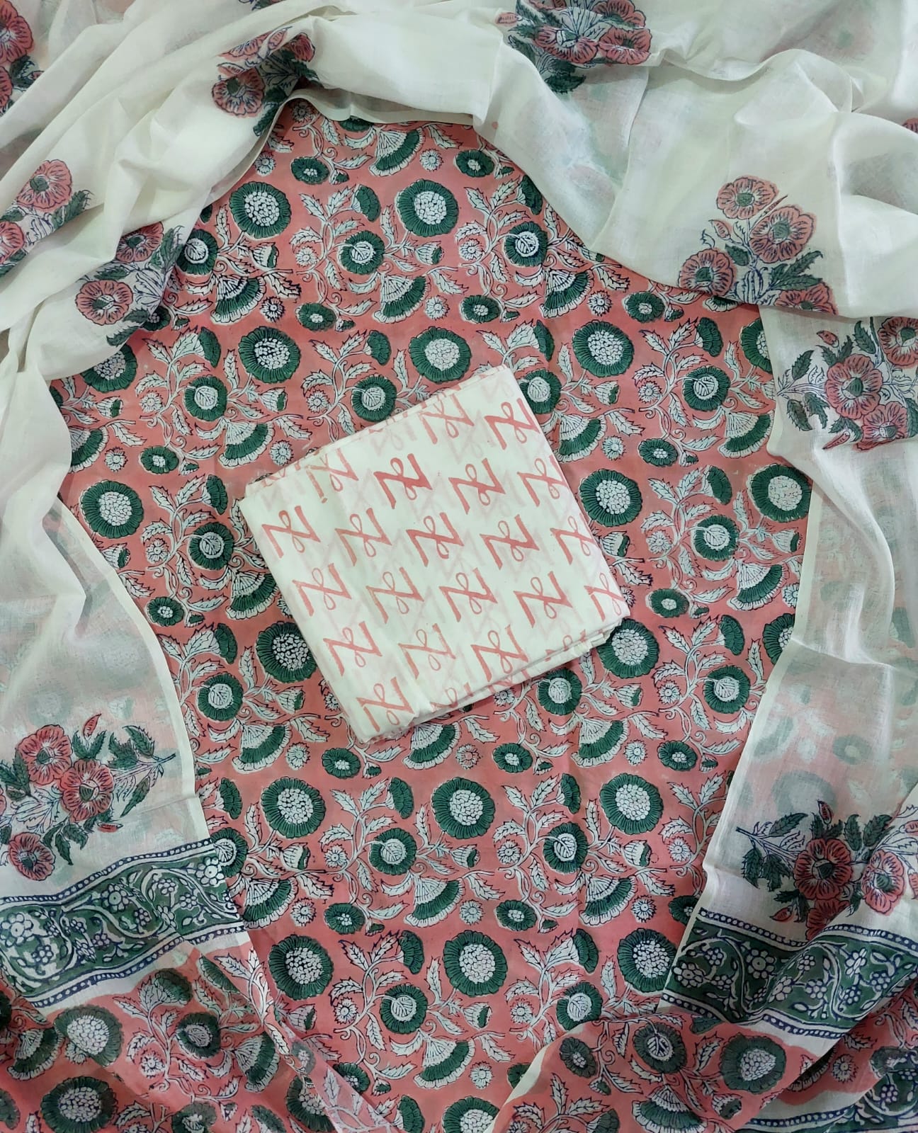 Traditional Hand block Printed Pure Cotton suits with Mulmul Dupatta.