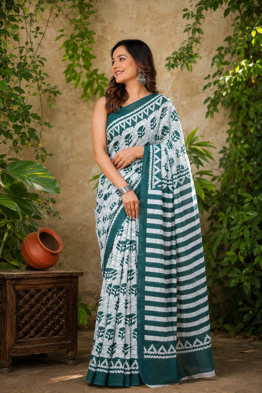 Pure Cotton Hand Block Printed Saree With Blouse.