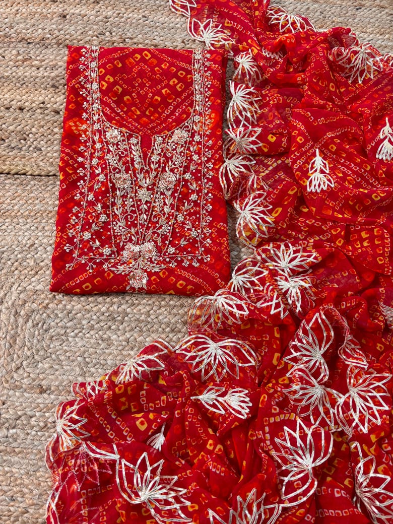 Georgette Gota pati Hand Work Unstitched Suit With Dupata.