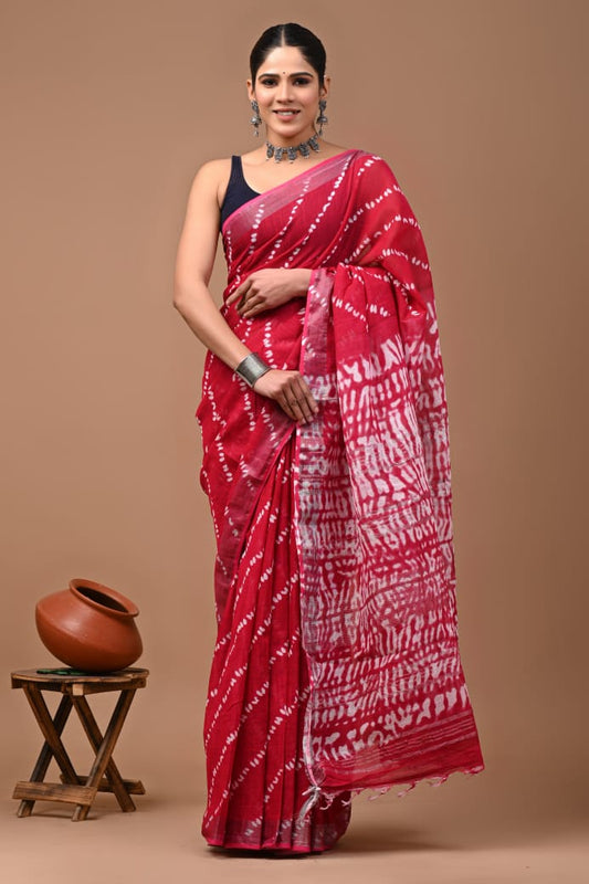 Pure Cotton Linen Hand Block Printed Saree with Blouse.