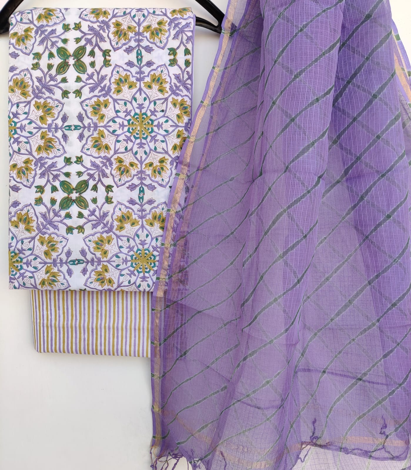 Pure Cotton Hand Block Printed Unstitched Suits with Kota doriya Dupatta.