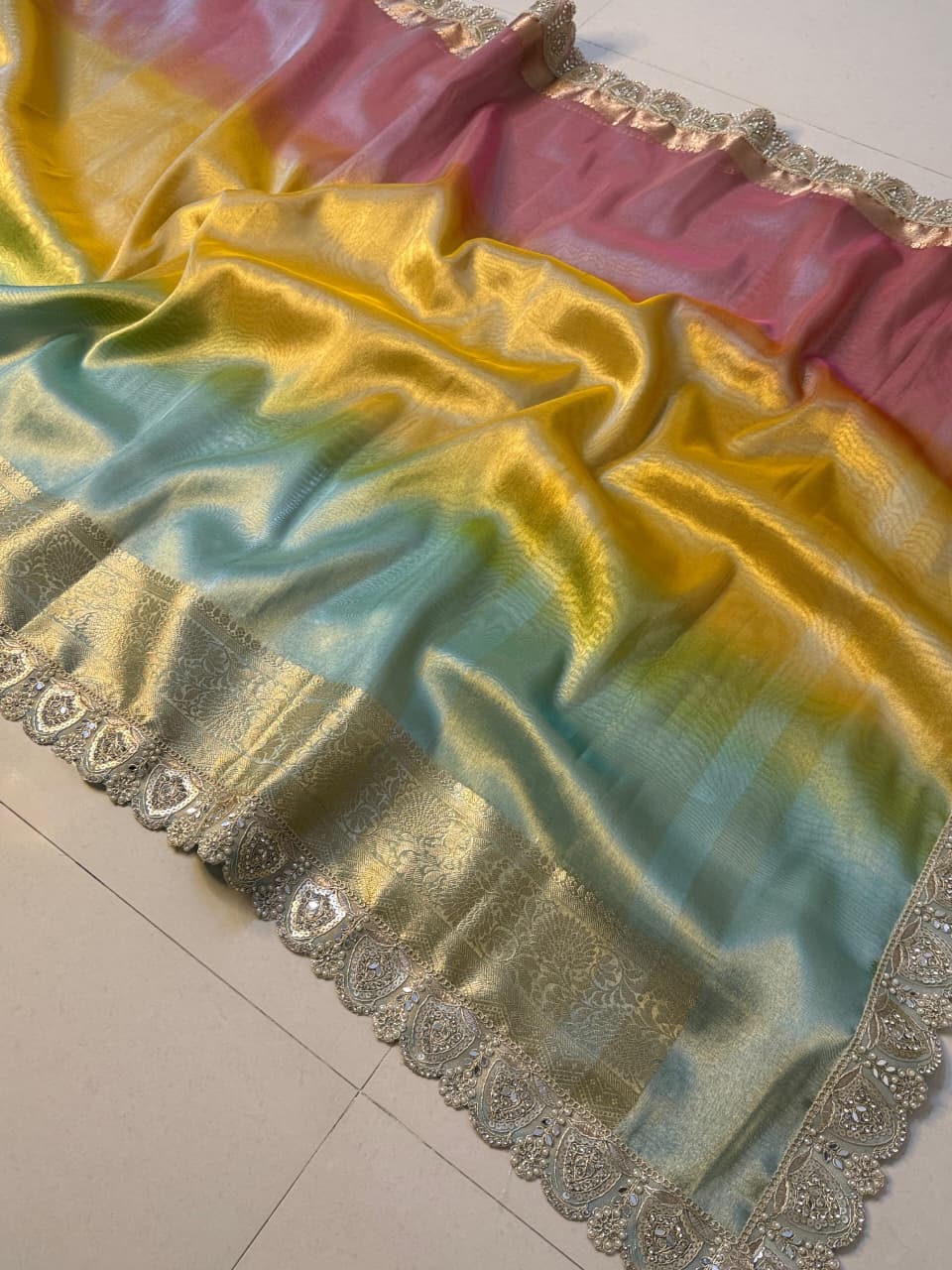 Multi Shade Glass Tissue Saree with Soft Mirror Lace Border