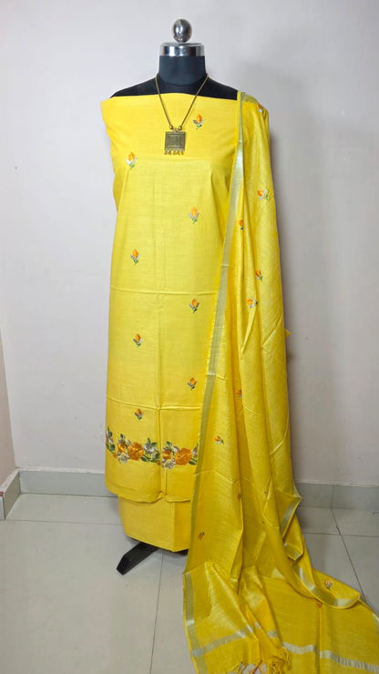 BHAGALPURI COTTON LINEN EMBROIDERY UNSTITCHED SUIT.